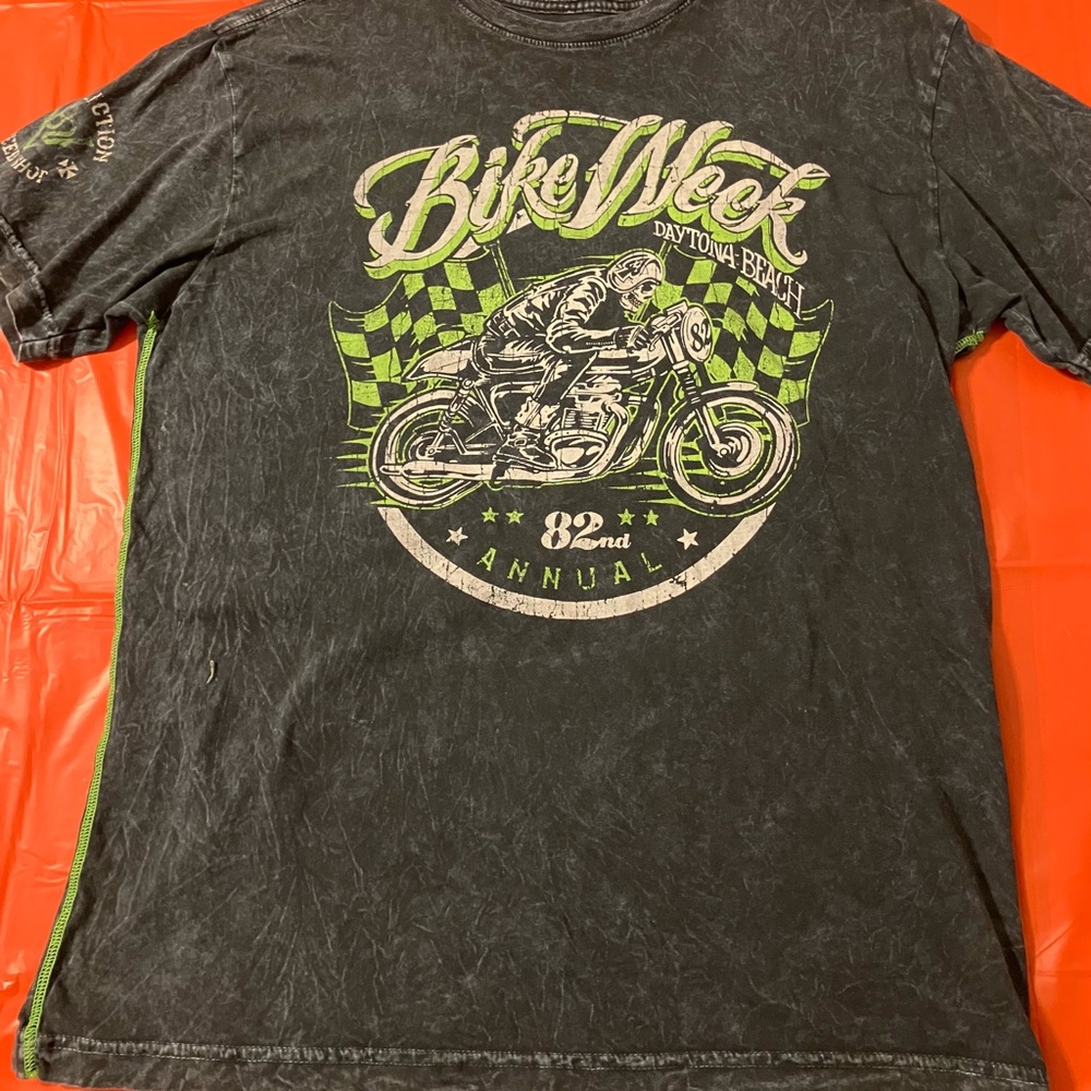 Affliction Black and Green Short Sleeve Tee with Vintage Motorcycle Design